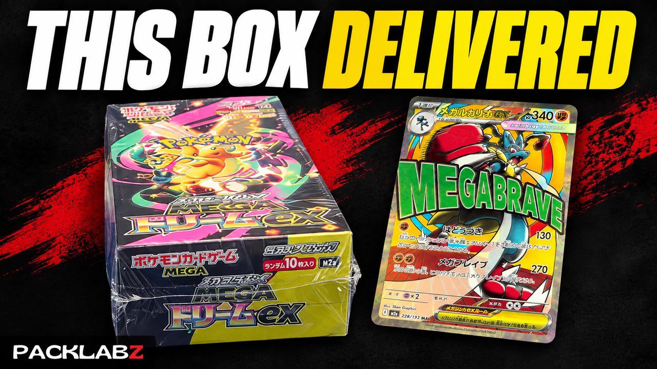 Mega Dream ex box and Mega Lucario ex card in PackLabz opening artwork