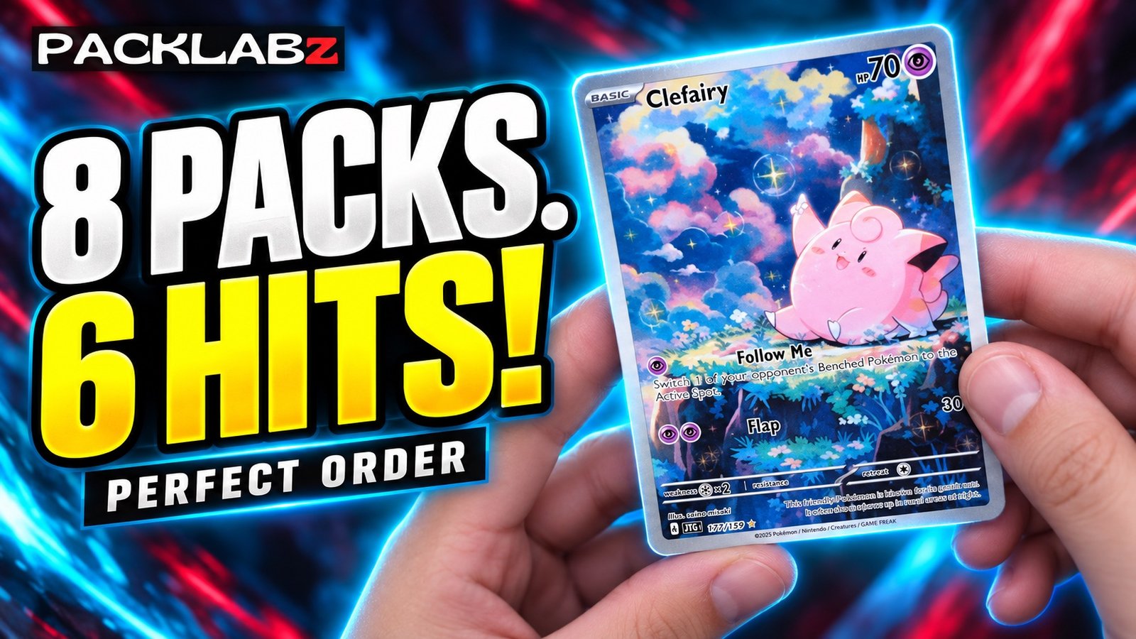 PackLabz Perfect Order opening artwork: 8 packs, 6 hits, with a Clefairy card